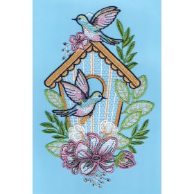 BIRDHOUSE WITH HUMMINGBIRDS LACE ART