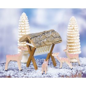 MINI DEER FAMILY WITH FEEDING TROUGH & TREES