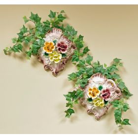 SET/2 HAND PAINTED CAPODIMONTE FLORAL WALL VASES