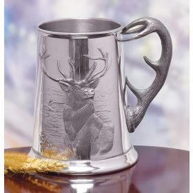 PEWTER STAG TANKARD WITH ANTLER HANDLE