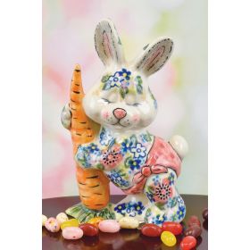 POLISH POTTERY BUNNY WITH CARROT FIGURINE