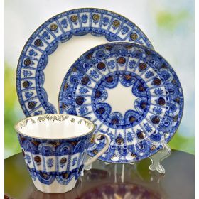 COBALT BLUE AND WHITE FLOWER DESIGN 3 PC. CUP, SAUCER, AND DESSERT PLATE