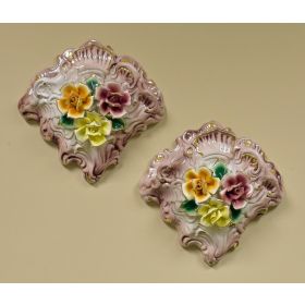 SET/2 HAND PAINTED CAPODIMONTE FLORAL WALL VASES